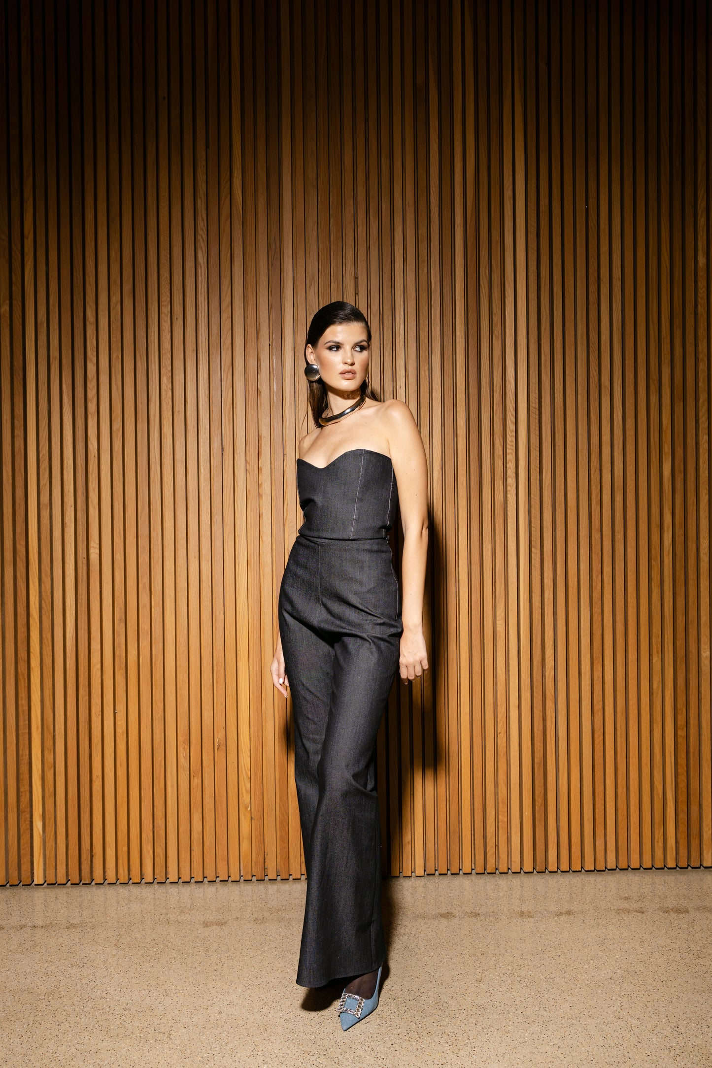 IRA by Irini Charalampous, @irathebrand online shop fashionable ready-to-wear womenswear brand corset top and trousers set LUNA colour dark denim high heels Cyprus Greece
