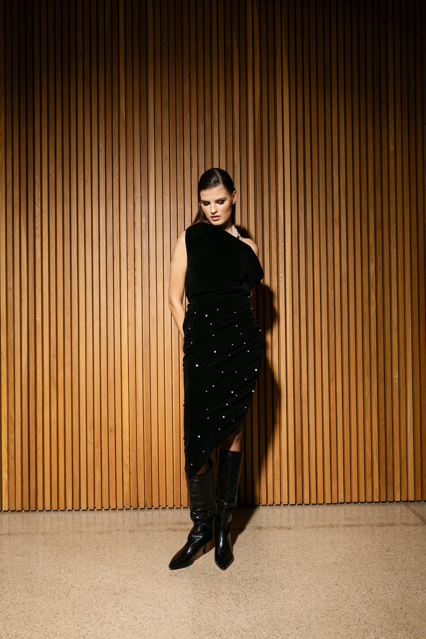 IRA by Irini Charalampous, @irathebrand online shop fashionable ready-to-wear womenswear brand velvet top AVA and skirt EMMA colour black high heels Cyprus Greece