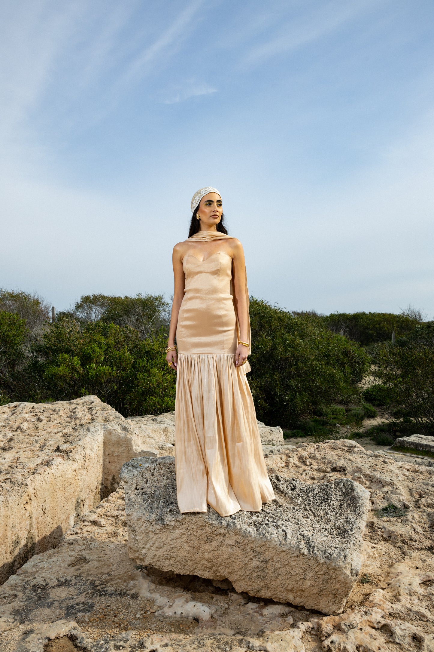 IRA by Irini Charalampous, @irathebrand online shop fashionable ready-to-wear womenswear brand satin dress maxi CECILIA in sand color. Shop online from Cyprus and Greece.