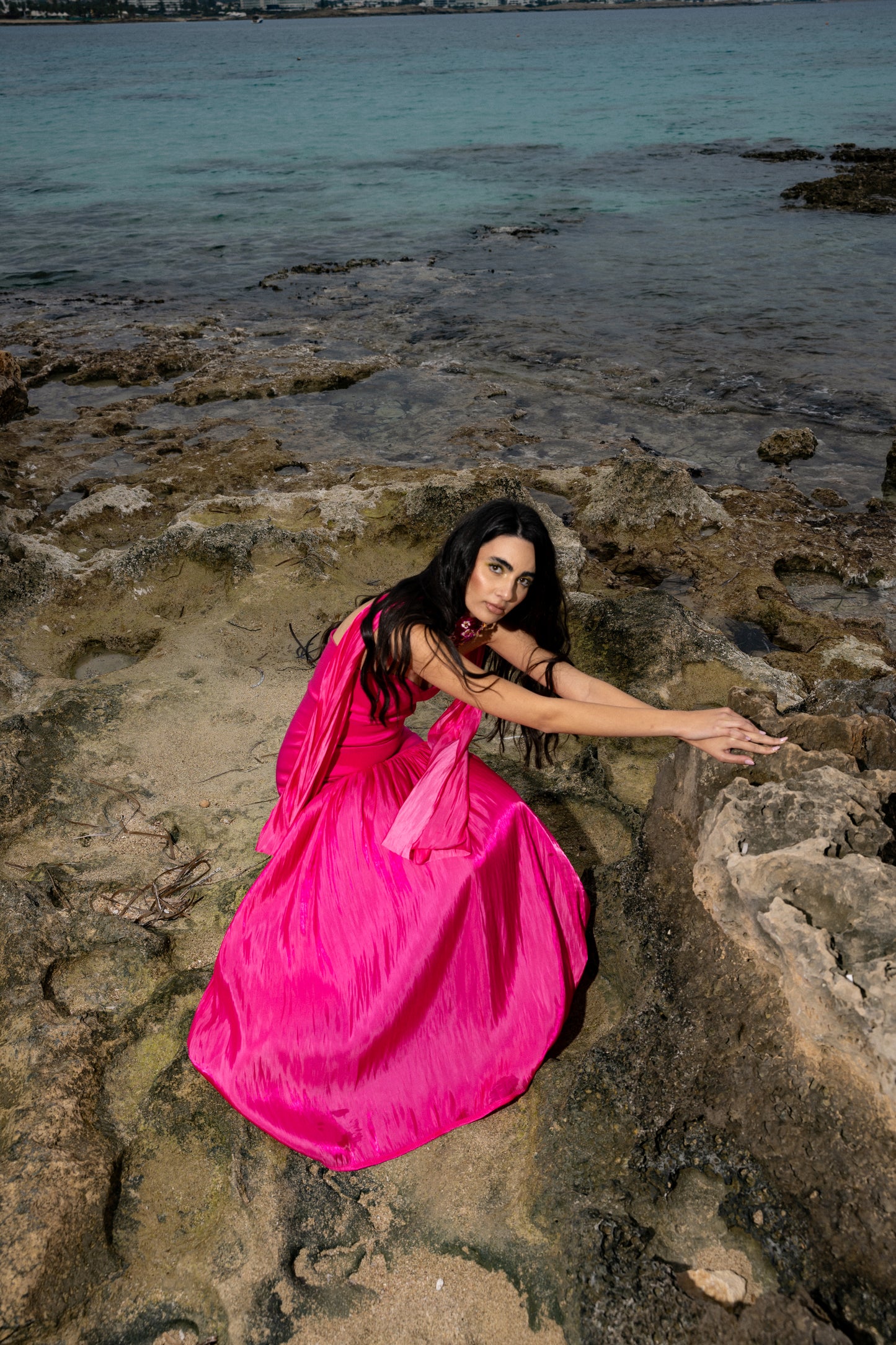 IRA by Irini Charalampous, @irathebrand online shop fashionable ready-to-wear womenswear brand satin dress maxi CECILIA in fuchsia color. Shop online from Cyprus and Greece.
