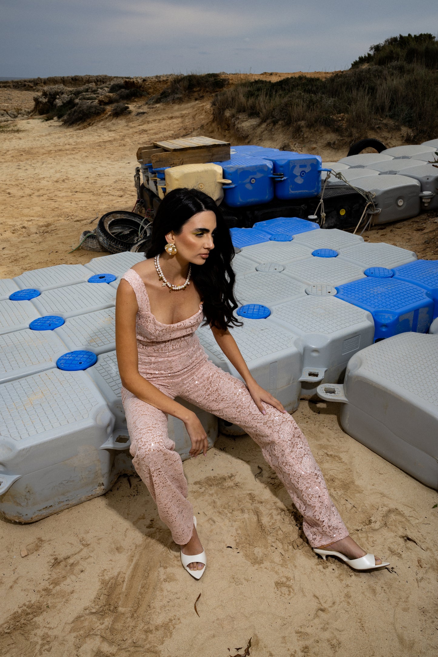 IRA by Irini Charalampous, @irathebrand online shop fashionable ready-to-wear womenswear brand sequin lace jumpsuit CHIARA in baby pink color. Shop online from Cyprus and Greece.
