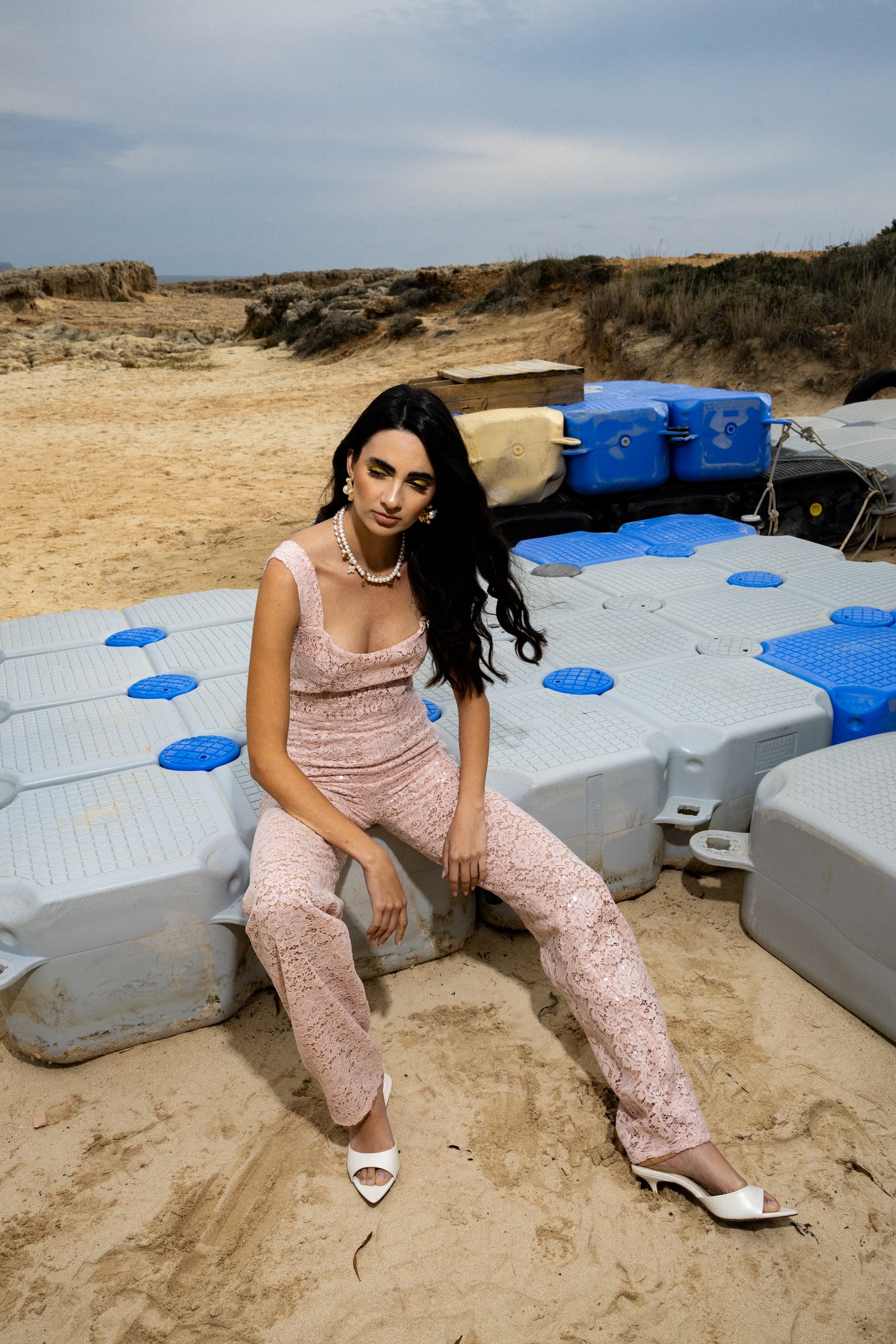 IRA by Irini Charalampous, @irathebrand online shop fashionable ready-to-wear womenswear brand sequin lace jumpsuit CHIARA in baby pink color. Shop online from Cyprus and Greece.