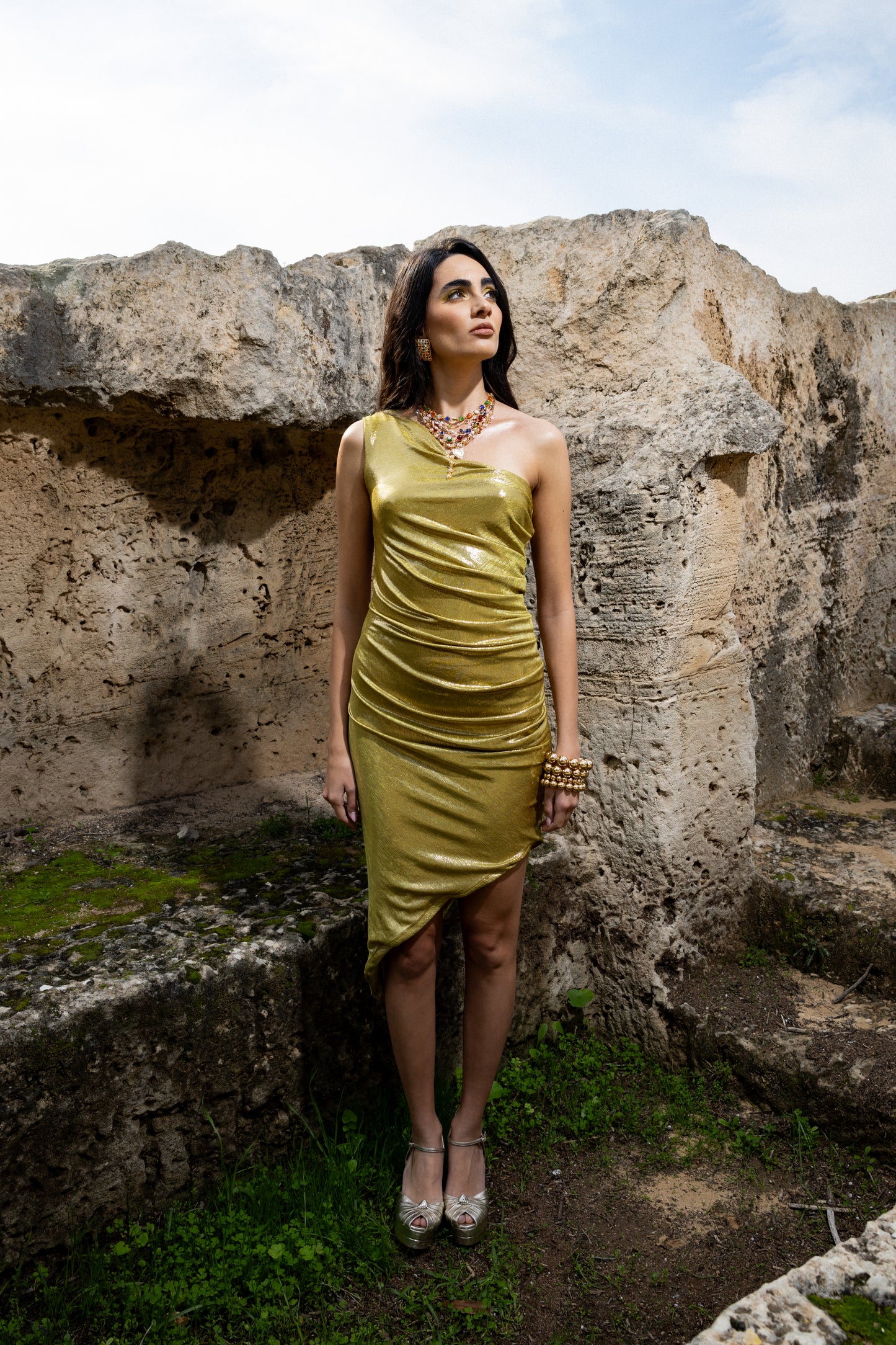 IRA by Irini Charalampous, @irathebrand online shop fashionable ready-to-wear womenswear brand metallic textured dress ELIDA in citrus color. Shop online from Cyprus and Greece.