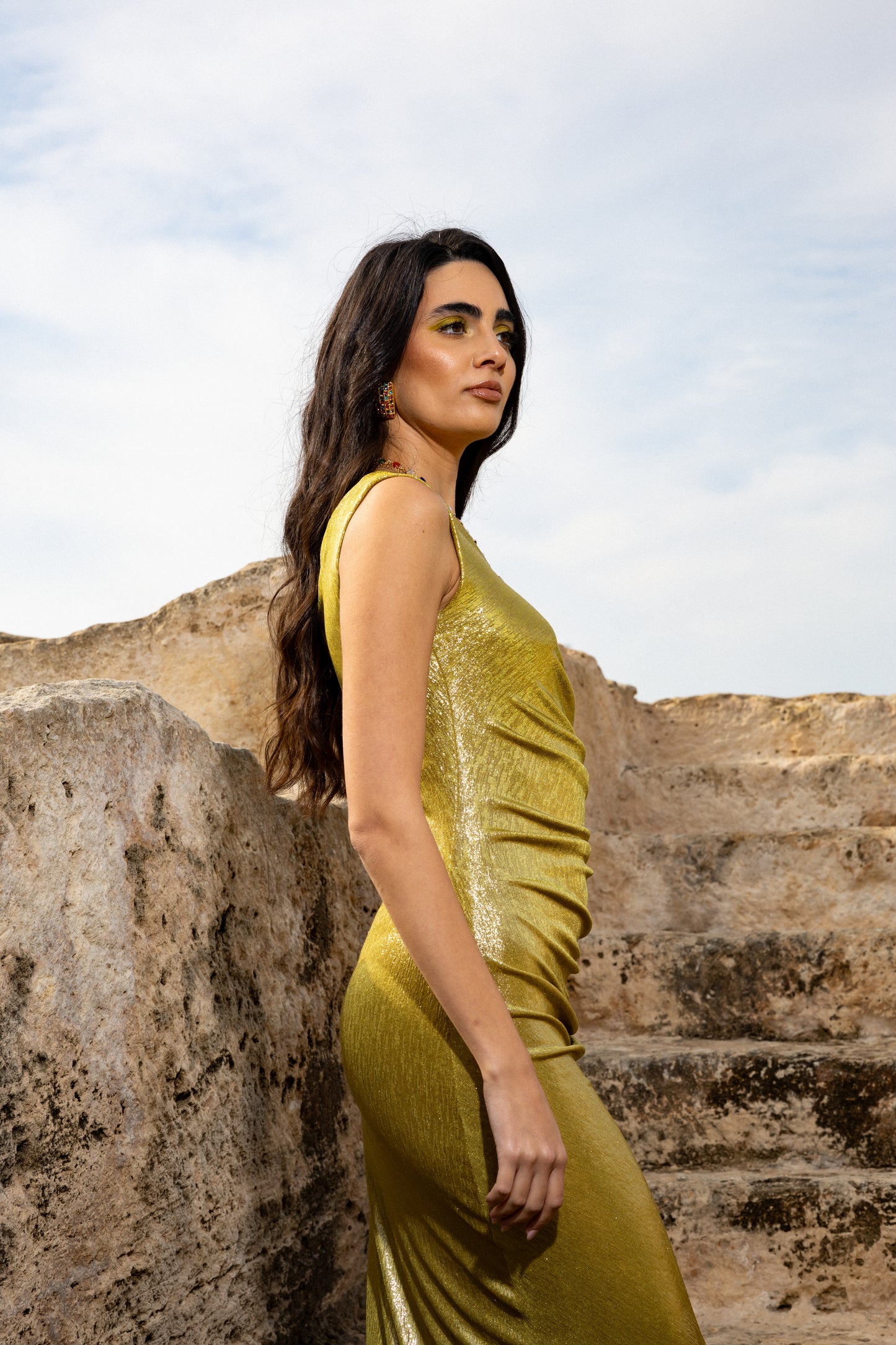 IRA by Irini Charalampous, @irathebrand online shop fashionable ready-to-wear womenswear brand metallic textured dress ELIDA in citrus color. Shop online from Cyprus and Greece.
