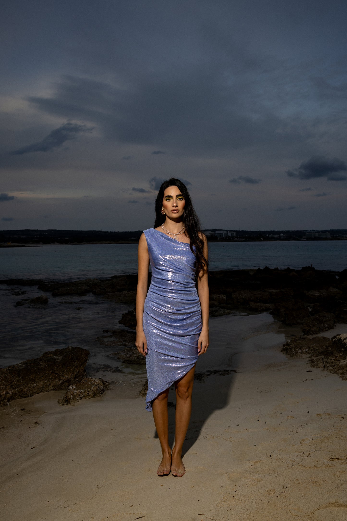IRA by Irini Charalampous, @irathebrand online shop fashionable ready-to-wear womenswear brand metallic textured dress ELIDA in sea color. Shop online from Cyprus and Greece.