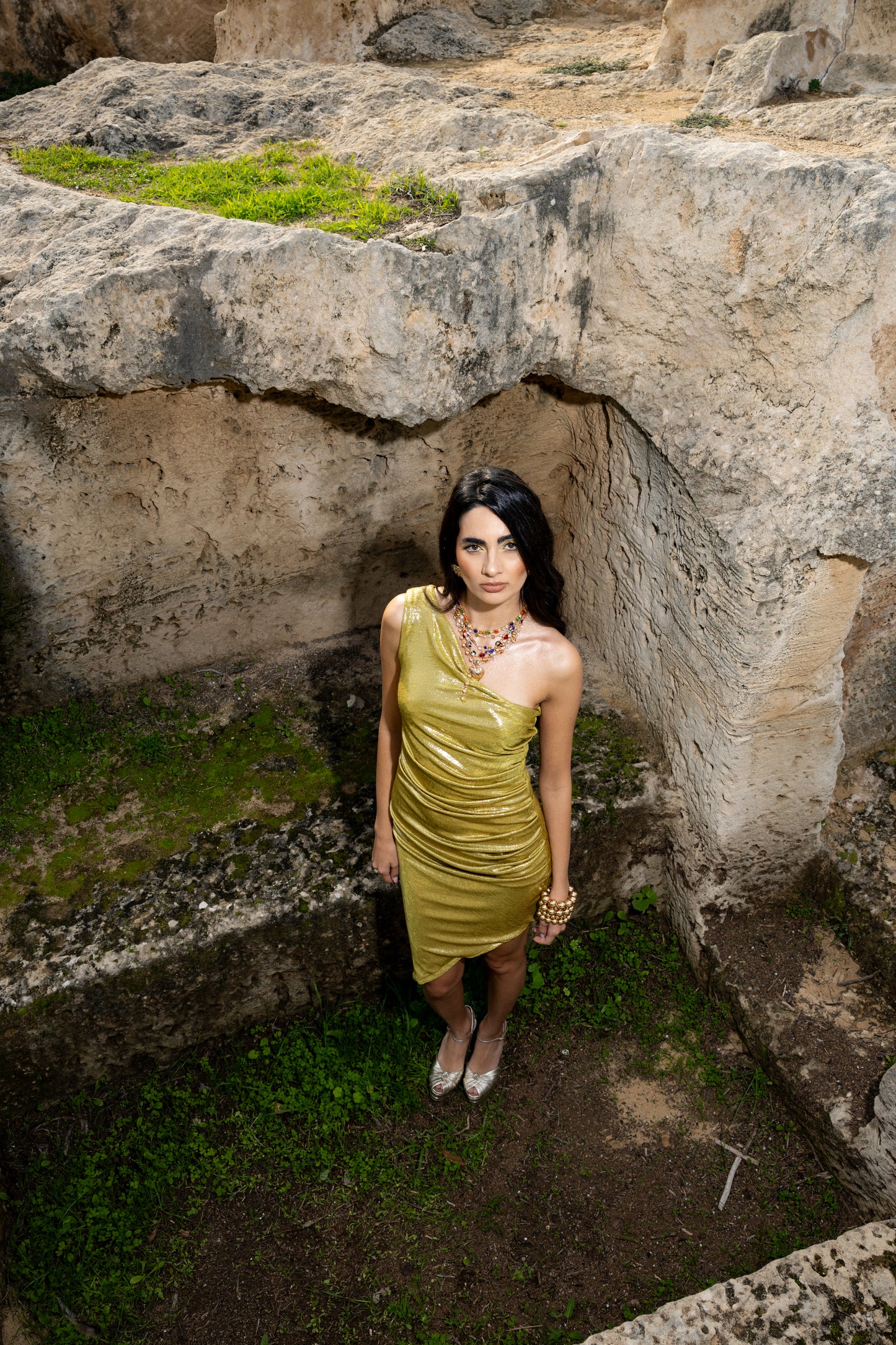 IRA by Irini Charalampous, @irathebrand online shop fashionable ready-to-wear womenswear brand metallic textured dress ELIDA in citrus color. Shop online from Cyprus and Greece.