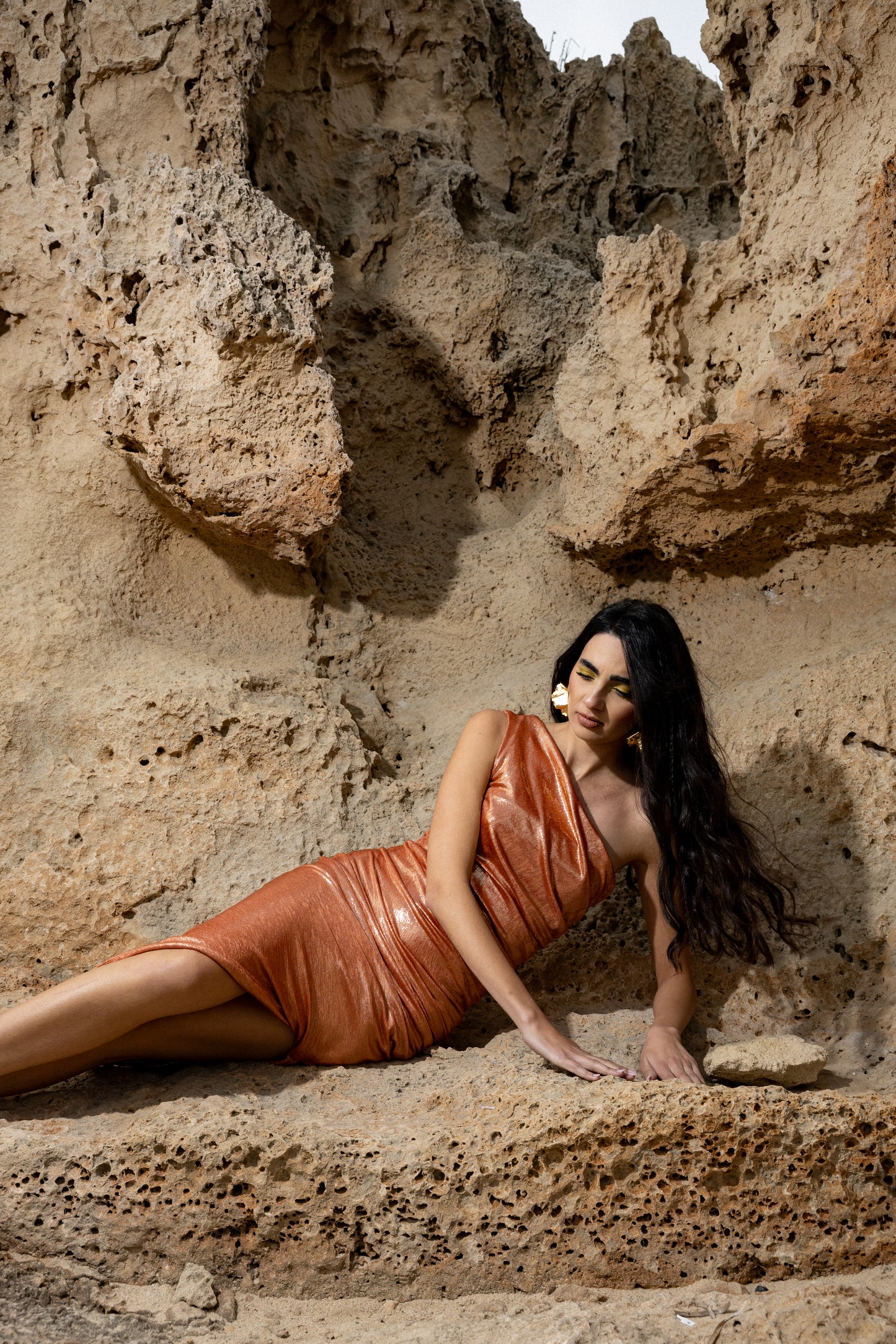 IRA by Irini Charalampous, @irathebrand online shop fashionable ready-to-wear womenswear brand metallic textured dress ELIDA in sun color. Shop online from Cyprus and Greece.