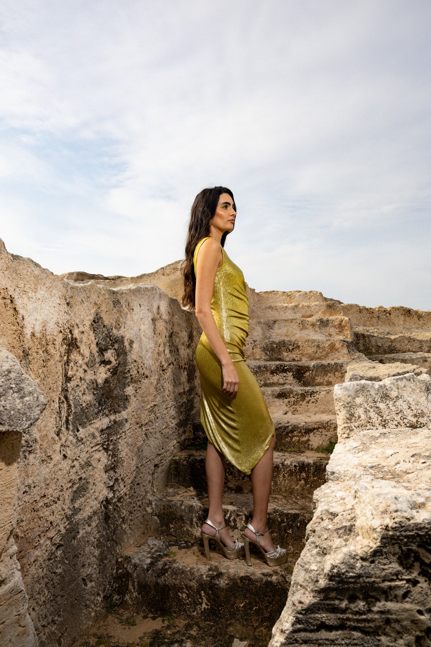 IRA by Irini Charalampous, @irathebrand online shop fashionable ready-to-wear womenswear brand metallic textured dress ELIDA in citrus color. Shop online from Cyprus and Greece.