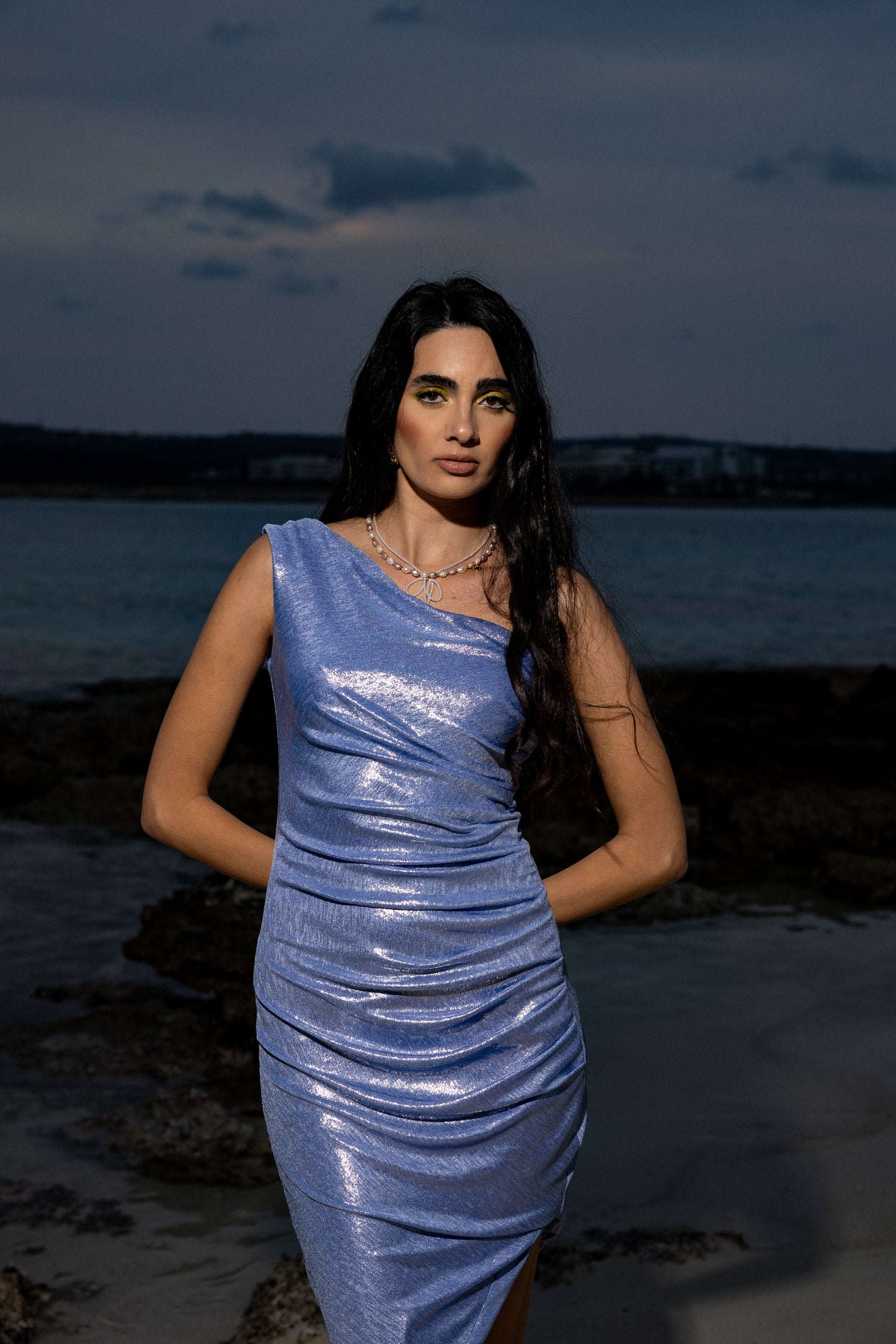 IRA by Irini Charalampous, @irathebrand online shop fashionable ready-to-wear womenswear brand metallic textured dress ELIDA in sea color. Shop online from Cyprus and Greece.