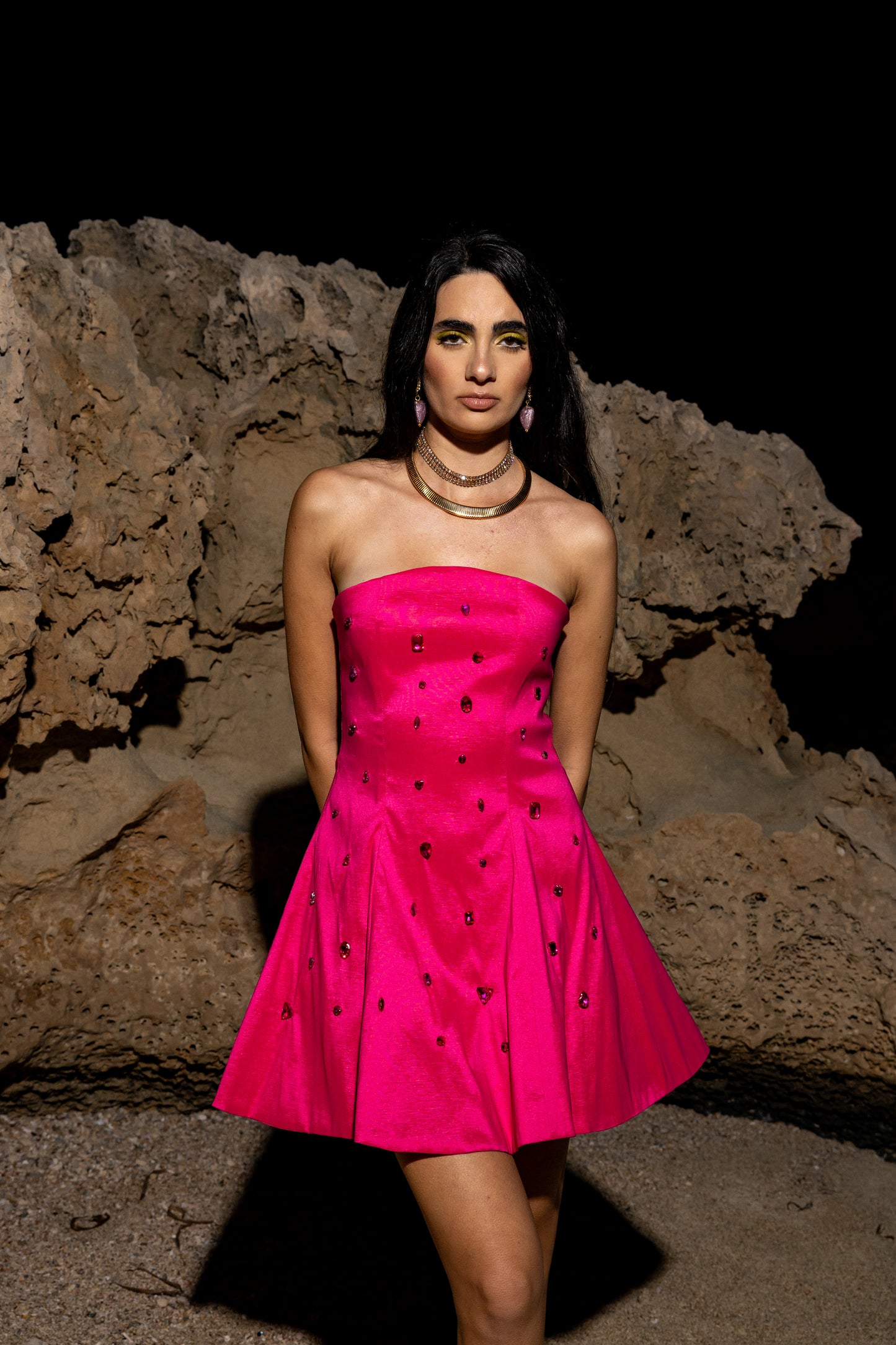 IRA by Irini Charalampous, @irathebrand online shop fashionable ready-to-wear womenswear brand satin with gems dress ELLA in hot pink color. Shop online from Cyprus and Greece.