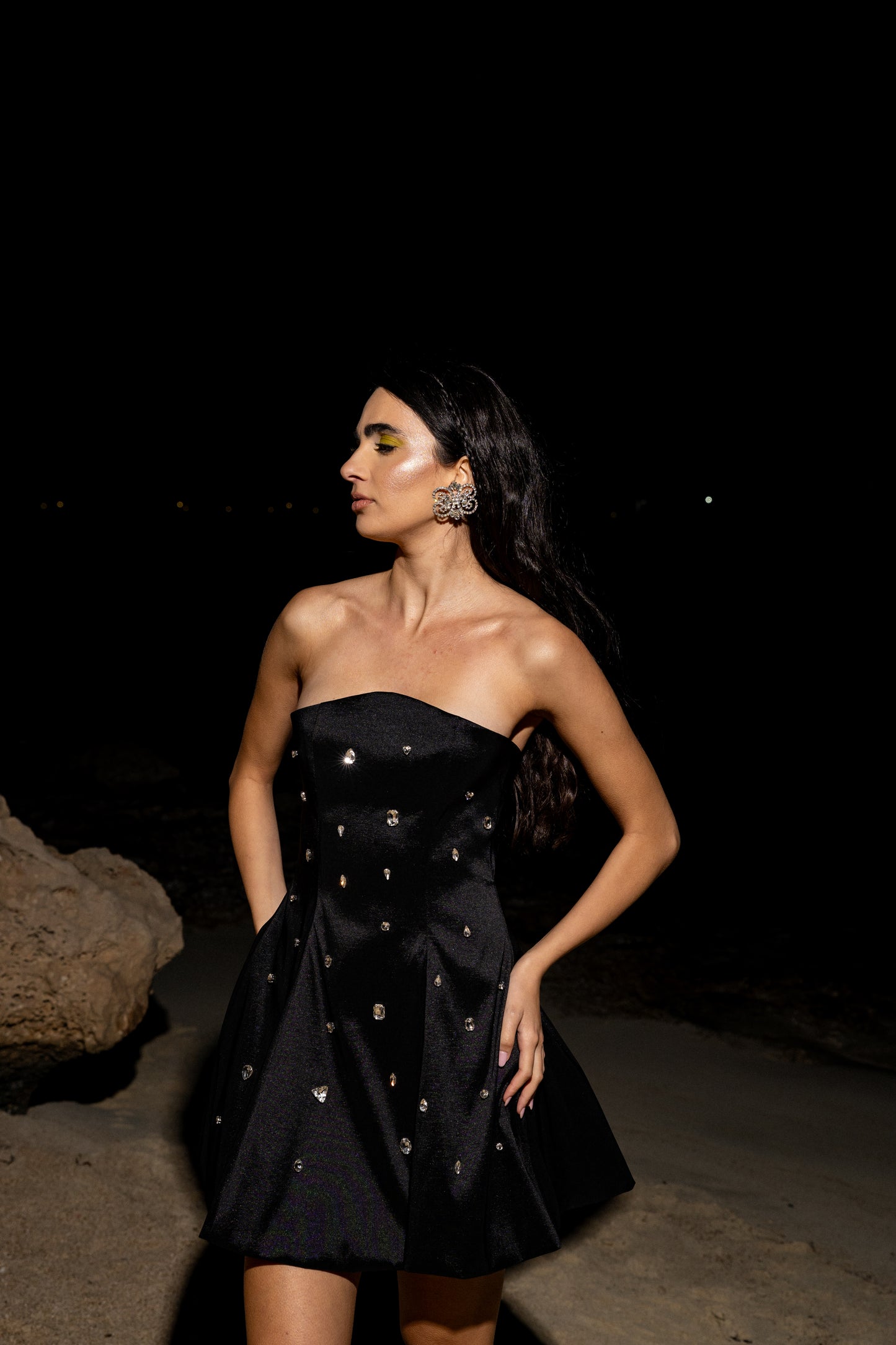 IRA by Irini Charalampous, @irathebrand online shop fashionable ready-to-wear womenswear brand satin with gems dress ELLA in black color. Shop online from Cyprus and Greece.
