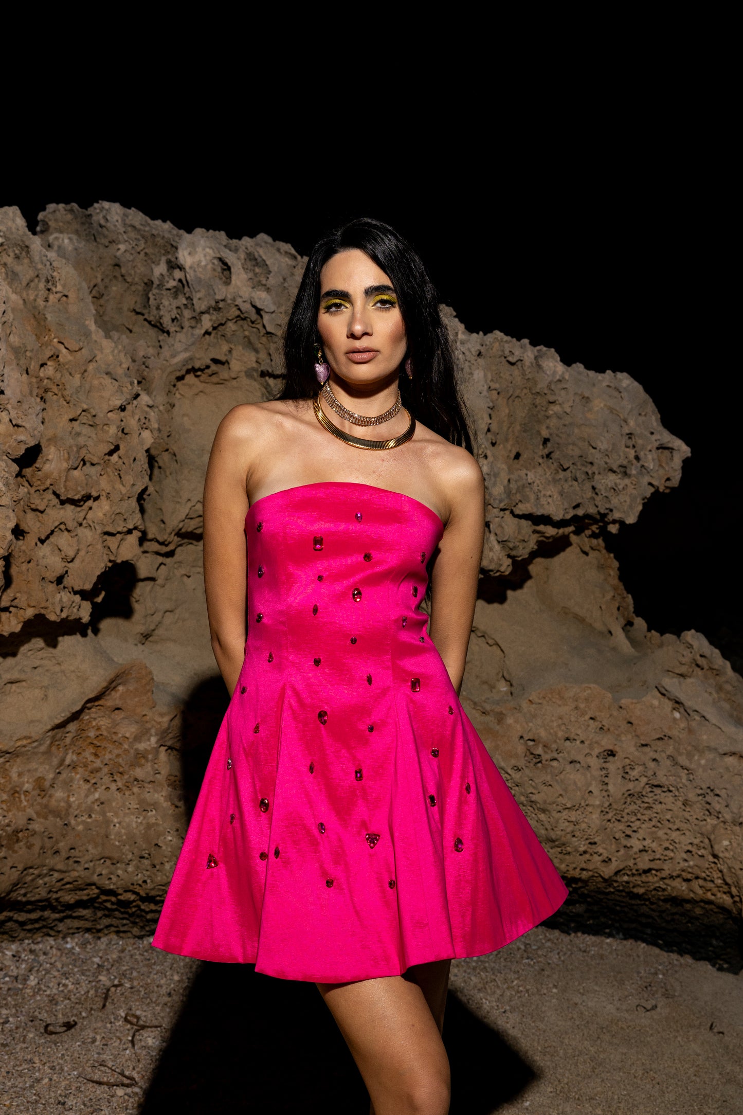 IRA by Irini Charalampous, @irathebrand online shop fashionable ready-to-wear womenswear brand satin with gems dress ELLA in hot pink color. Shop online from Cyprus and Greece.