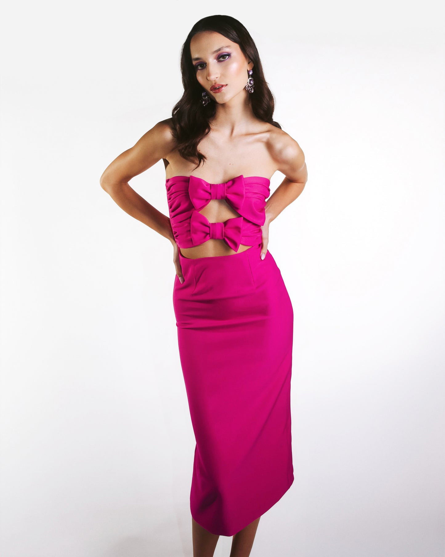 IRA by Irini Charalampous, @irathebrand online shop fashionable ready-to-wear womenswear brand dress PENELOPE colour fuchsia high heels Cyprus Greece