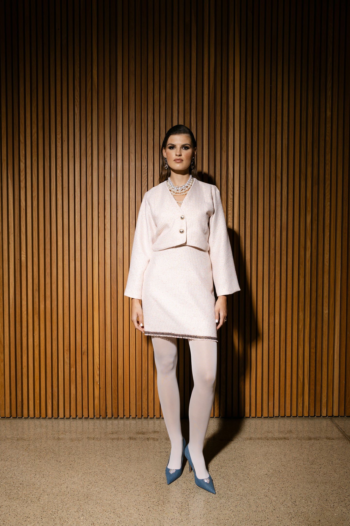 IRA by Irini Charalampous, @irathebrand online shop fashionable ready-to-wear womenswear brand  jacket skirt set AMELIA colour pastel baby pink high heels Cyprus