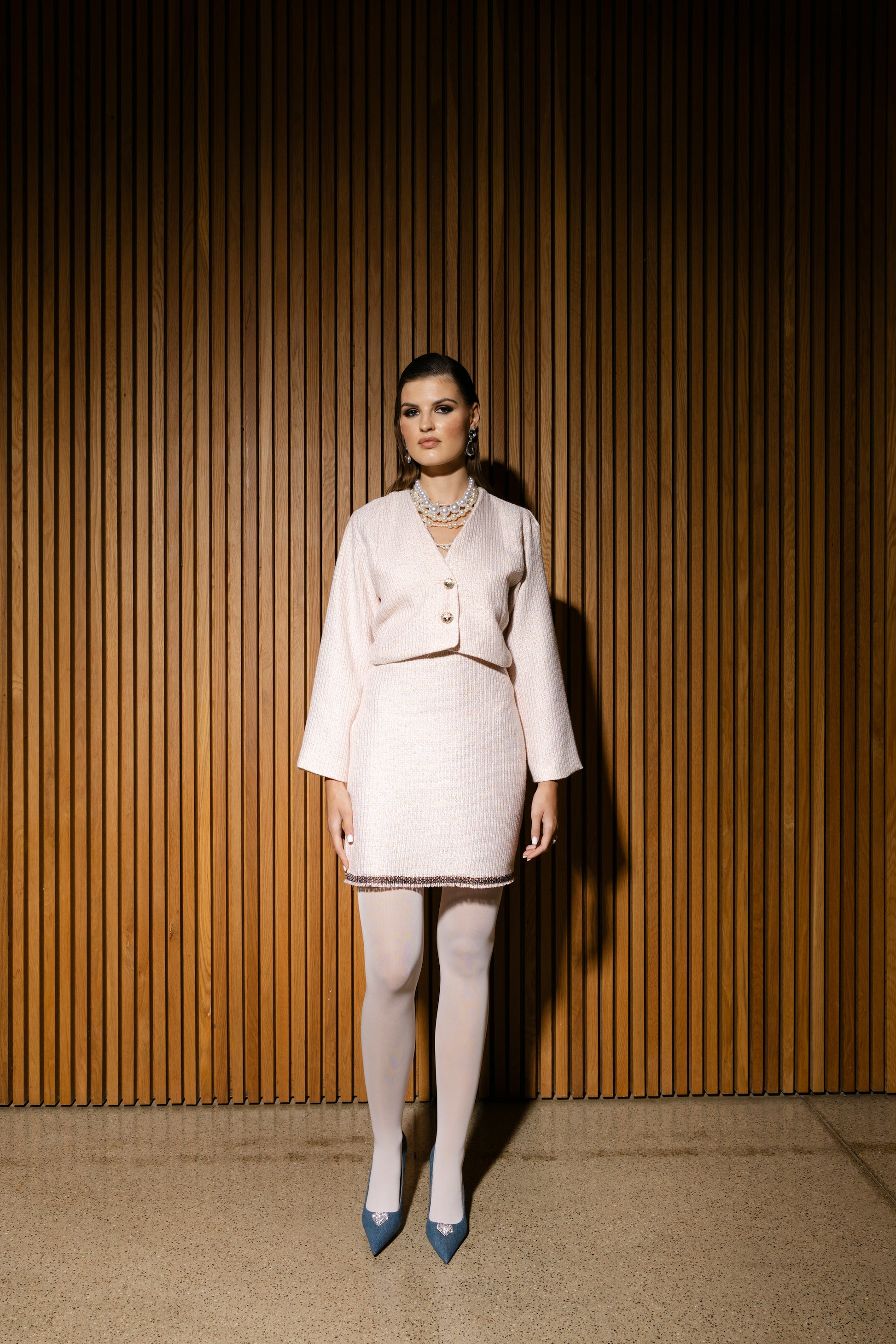 IRA by Irini Charalampous, @irathebrand online shop fashionable ready-to-wear womenswear brand  jacket skirt set AMELIA colour pastel baby pink high heels Cyprus 
