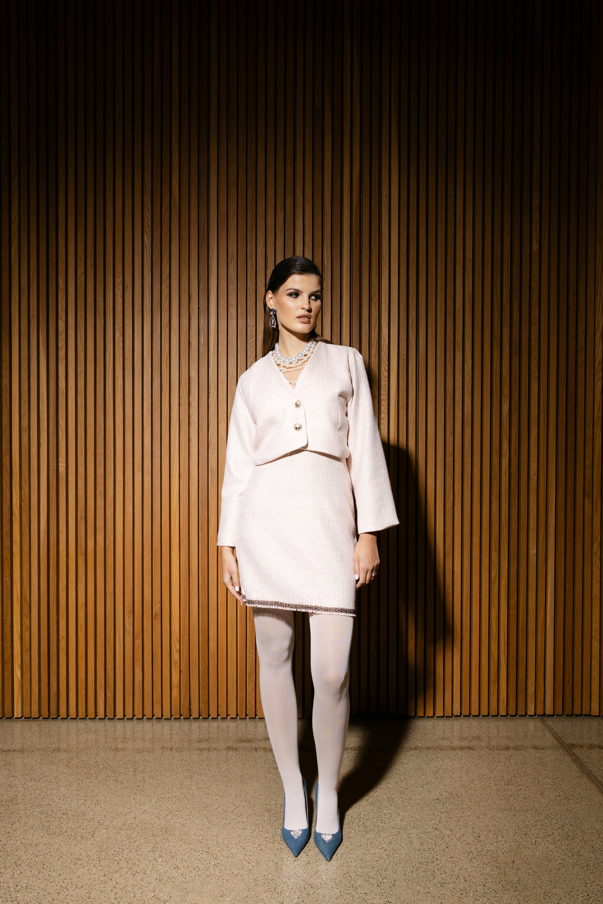 IRA by Irini Charalampous, @irathebrand online shop fashionable ready-to-wear womenswear brand  jacket skirt set AMELIA colour pastel baby pink high heels Cyprus 