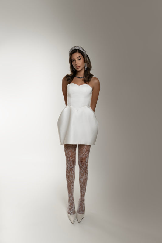 IRA by Irini Charalampous, @irathebrand online shop fashionable ready-to-wear womenswear brand sweetheart neckline scuba fabric ALMA bridal mini dress in white color. Shop online from Cyprus and Greece.
