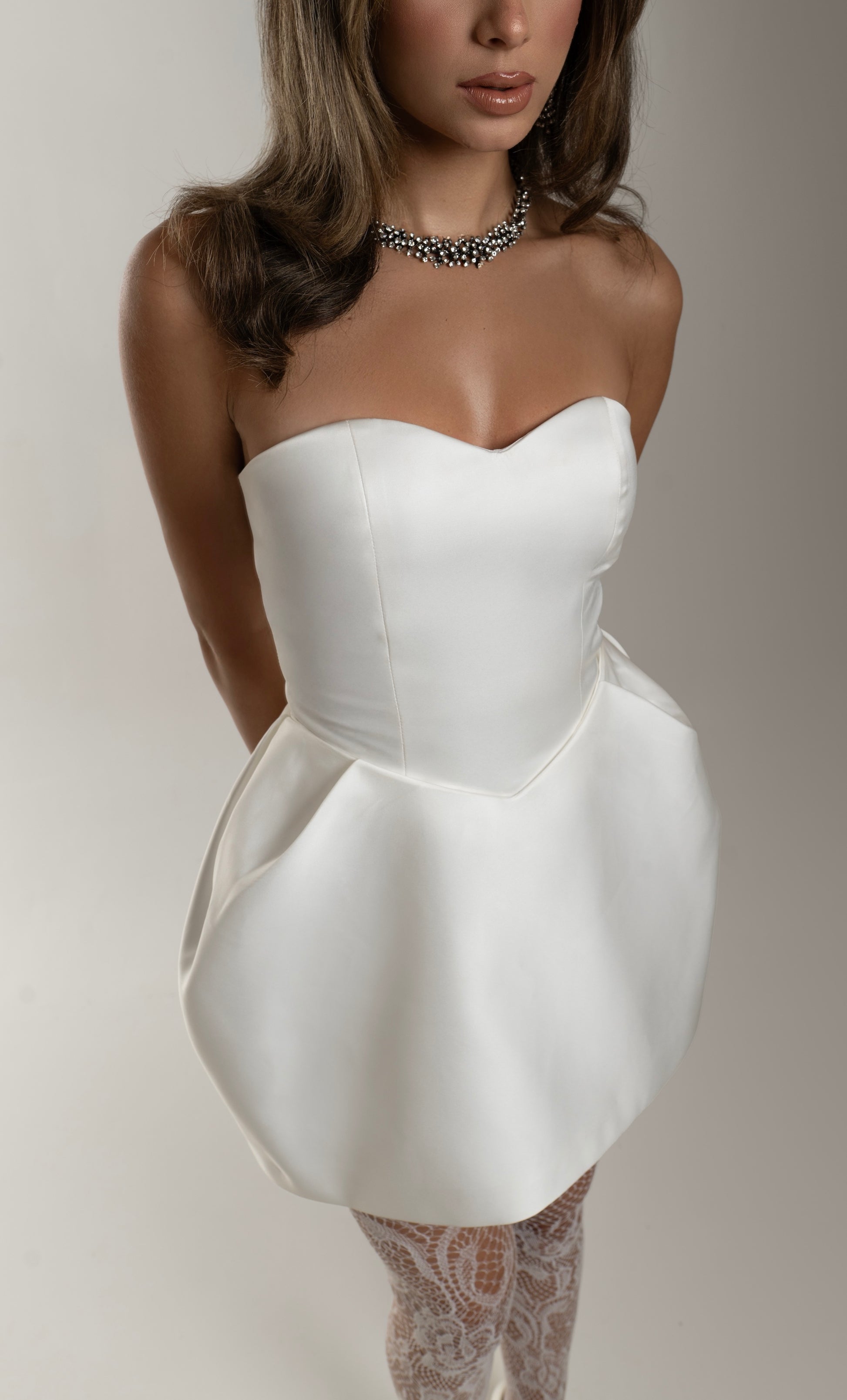 IRA by Irini Charalampous, @irathebrand online shop fashionable ready-to-wear womenswear brand sweetheart neckline scuba fabric ALMA bridal mini dress in white color. Shop online from Cyprus and Greece.