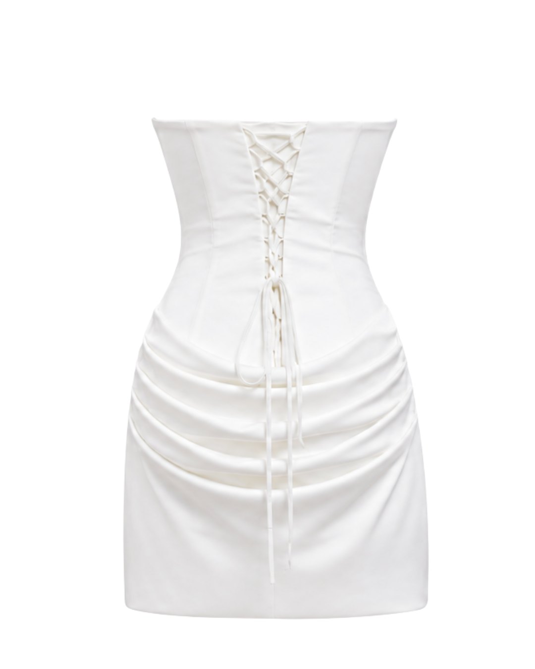 IRA by Irini Charalampous, @irathebrand online shop fashionable ready-to-wear womenswear brand AMOUR strapless mini bridal dress featuring sculpted corset bodice draped detailing and soft ruching with adjustable lace-up back in white color. Shop online from Cyprus and Greece.