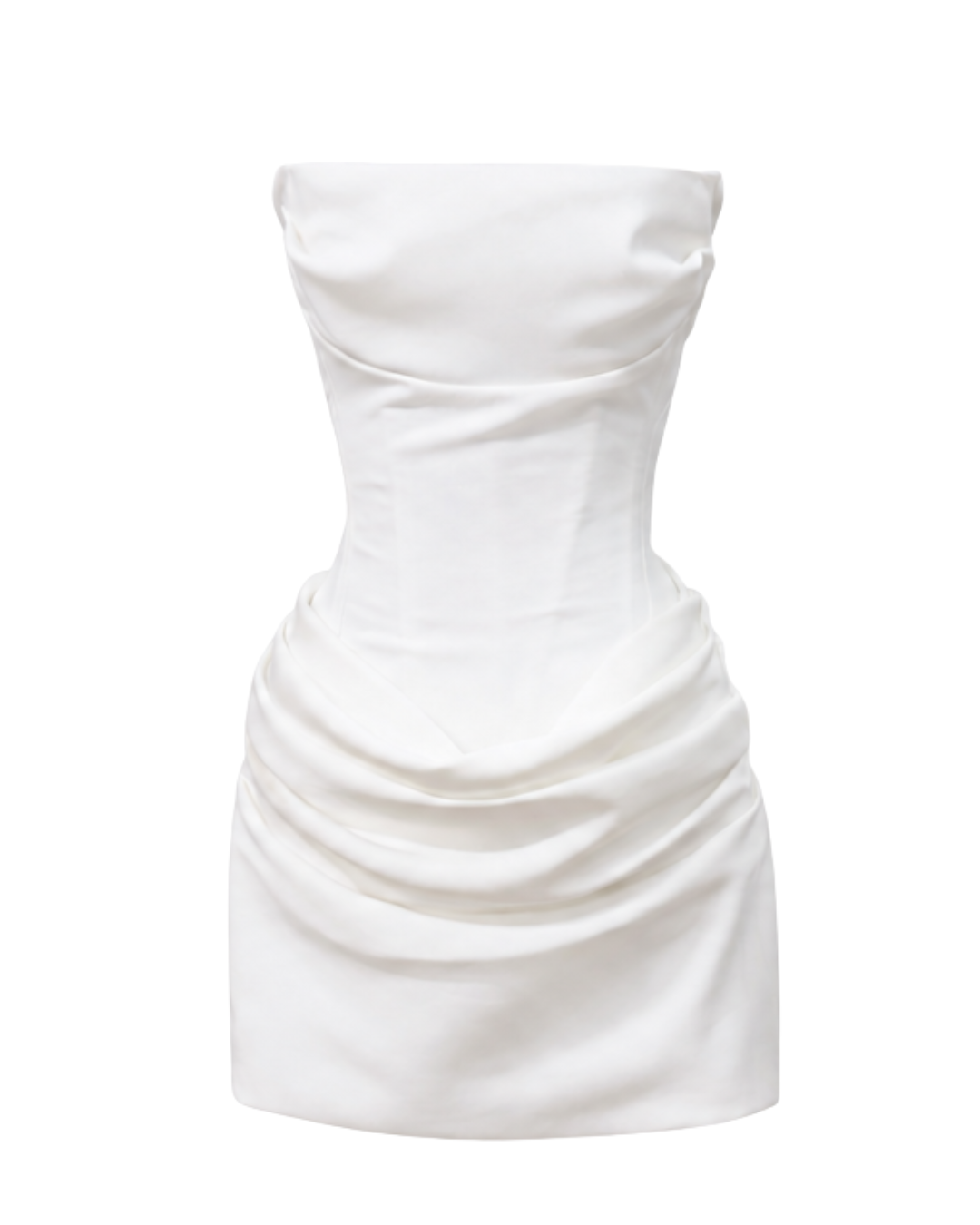 IRA by Irini Charalampous, @irathebrand online shop fashionable ready-to-wear womenswear brand AMOUR strapless mini bridal dress featuring sculpted corset bodice draped detailing and soft ruching with adjustable lace-up back in white color. Shop online from Cyprus and Greece.
