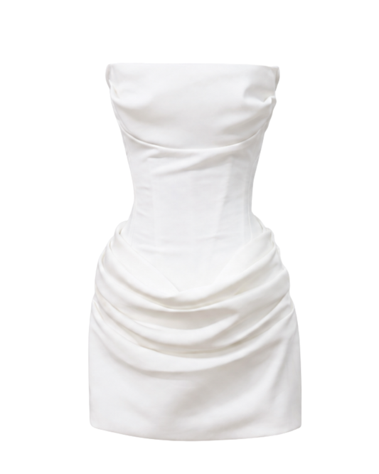 IRA by Irini Charalampous, @irathebrand online shop fashionable ready-to-wear womenswear brand AMOUR strapless mini bridal dress featuring sculpted corset bodice draped detailing and soft ruching with adjustable lace-up back in white color. Shop online from Cyprus and Greece.