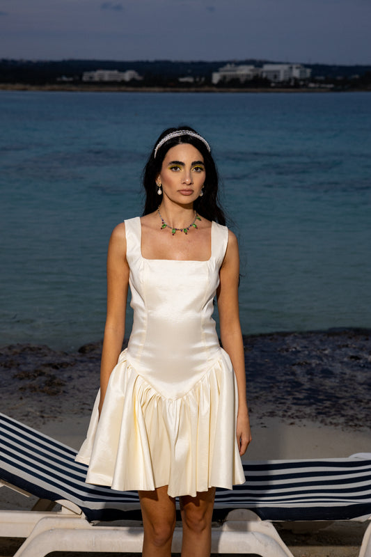 IRA by Irini Charalampous, @irathebrand online shop fashionable ready-to-wear womenswear brand satin dress ANNA in white color. Shop online from Cyprus and Greece.