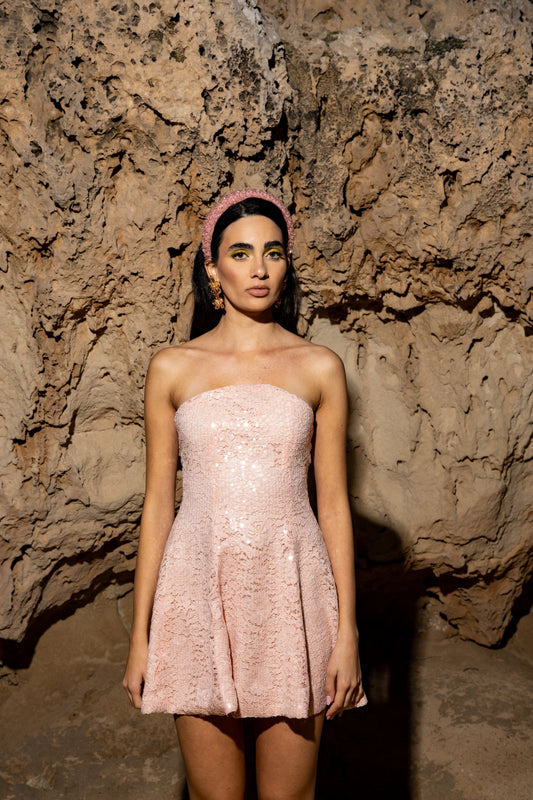 IRA by Irini Charalampous, @irathebrand online shop fashionable ready-to-wear womenswear brand sequin lace mini dress ARIANA in baby pink color. Shop online from Cyprus and Greece.
