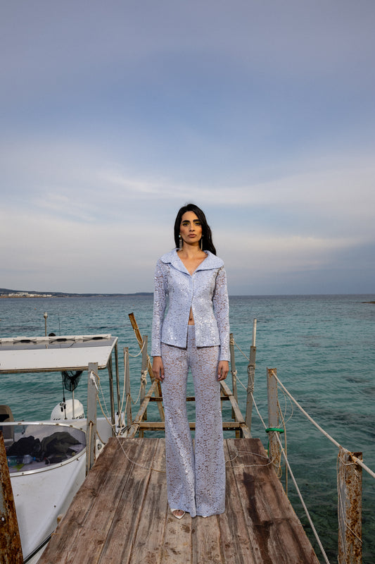 IRA by Irini Charalampous, @irathebrand online shop fashionable ready-to-wear womenswear brand sequin lace set shirt trousers BIANCA in baby blue color. Shop online from Cyprus and Greece.