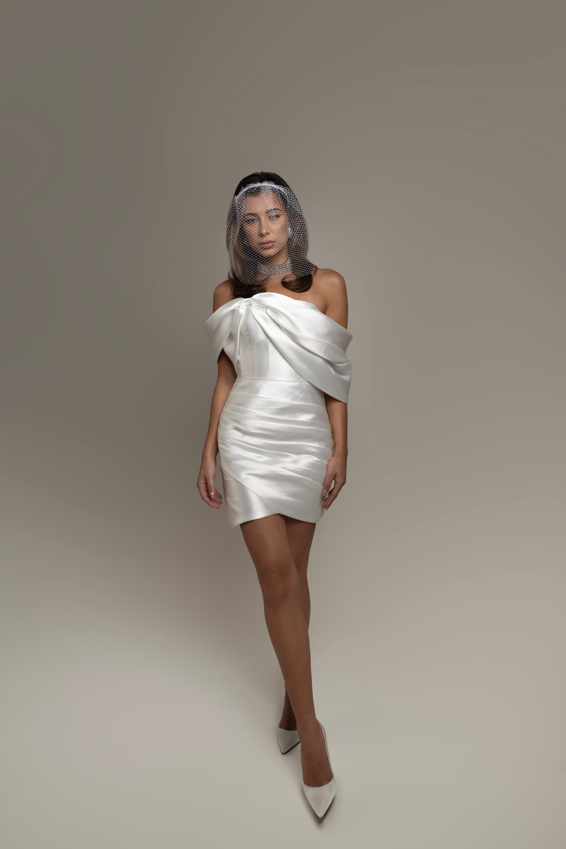 IRA by Irini Charalampous, @irathebrand online shop fashionable ready-to-wear womenswear brand off-shoulder mikado fabric CARA bridal mini dress in white color. Shop online from Cyprus and Greece.