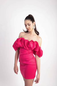 IRA by Irini Charalampous, @irathebrand online shop fashionable ready-to-wear womenswear brand taffeta dress CHARLOTTE colour fuchsia high heels Cyprus Greece
