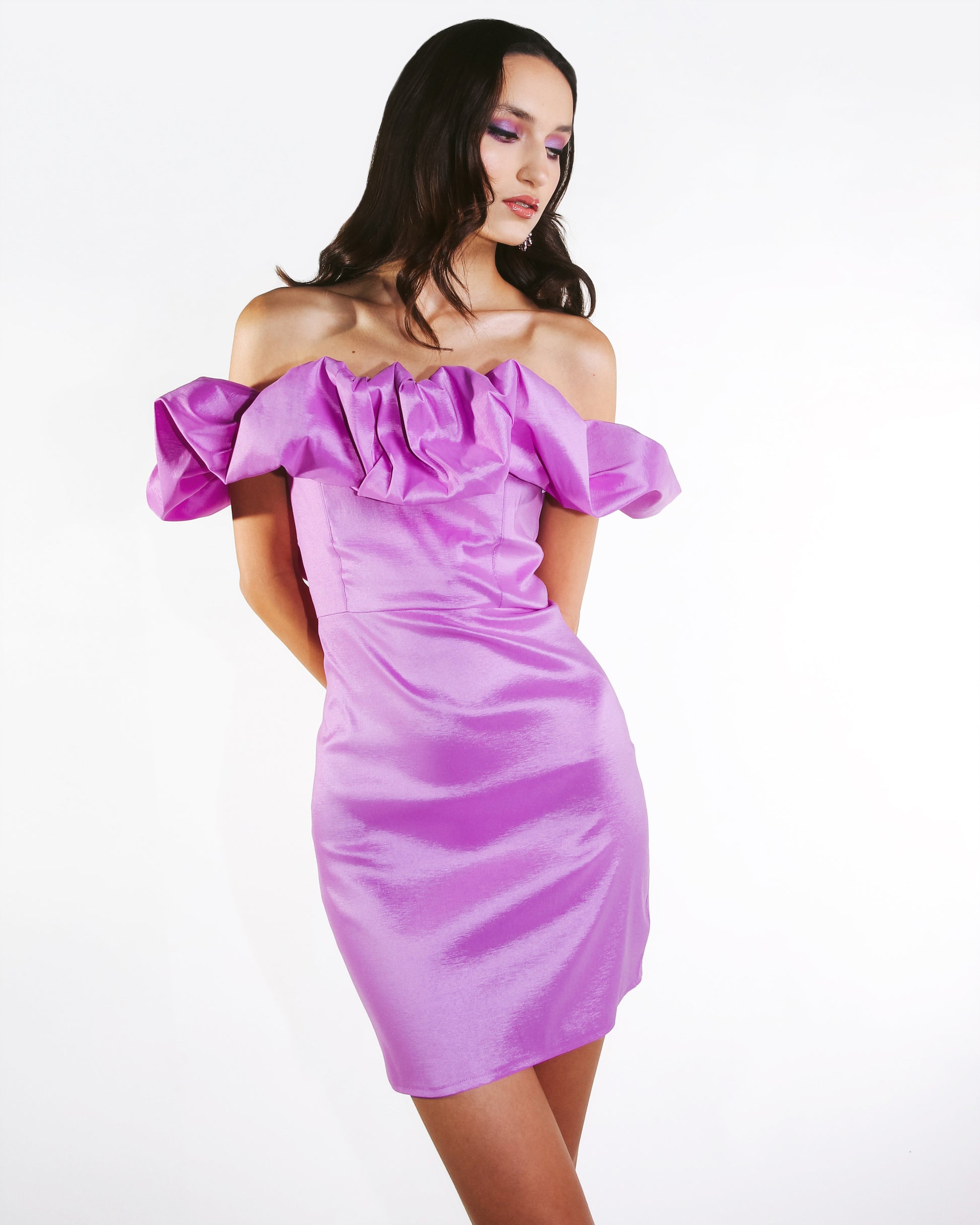 IRA by Irini Charalampous, @irathebrand online shop fashionable ready-to-wear womenswear brand dress CHARLOTTE colour purple high heels Cyprus Greece