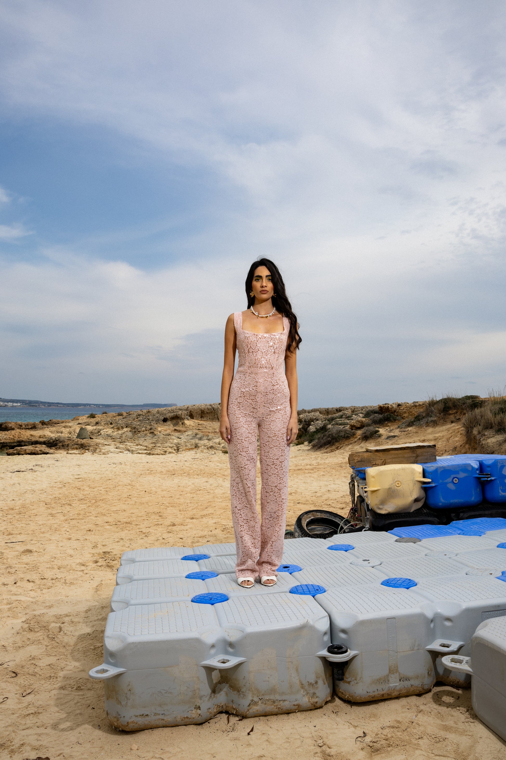 IRA by Irini Charalampous, @irathebrand online shop fashionable ready-to-wear womenswear brand sequin lace jumpsuit CHIARA in baby pink color. Shop online from Cyprus and Greece.
