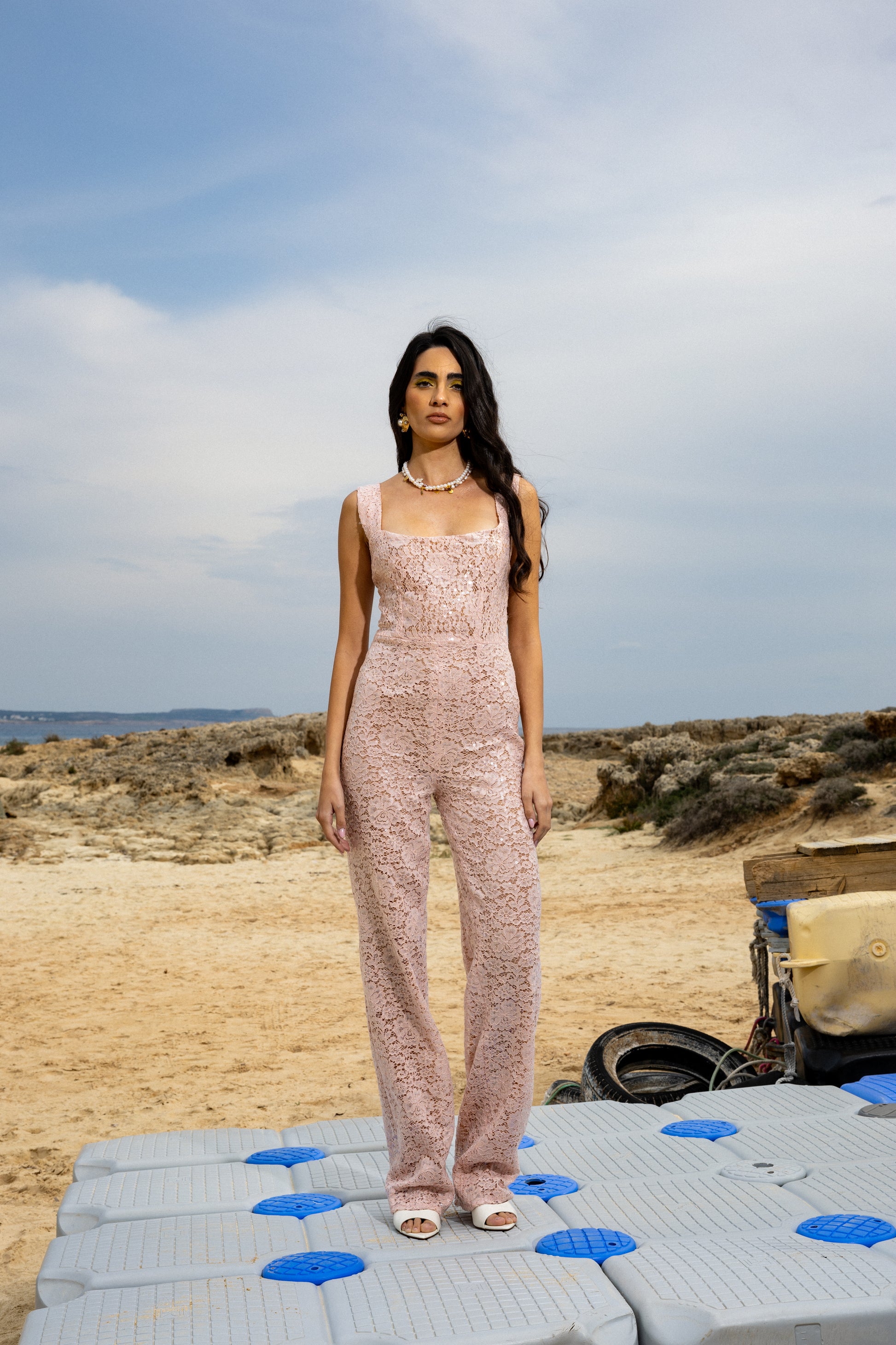 IRA by Irini Charalampous, @irathebrand online shop fashionable ready-to-wear womenswear brand sequin lace jumpsuit CHIARA in baby pink color. Shop online from Cyprus and Greece.