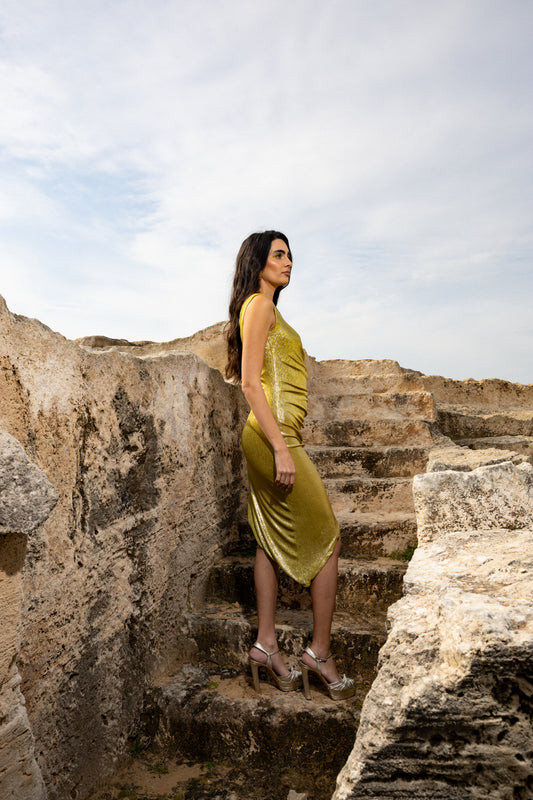 IRA by Irini Charalampous, @irathebrand online shop fashionable ready-to-wear womenswear brand metallic textured dress ELIDA in citrus color. Shop online from Cyprus and Greece.