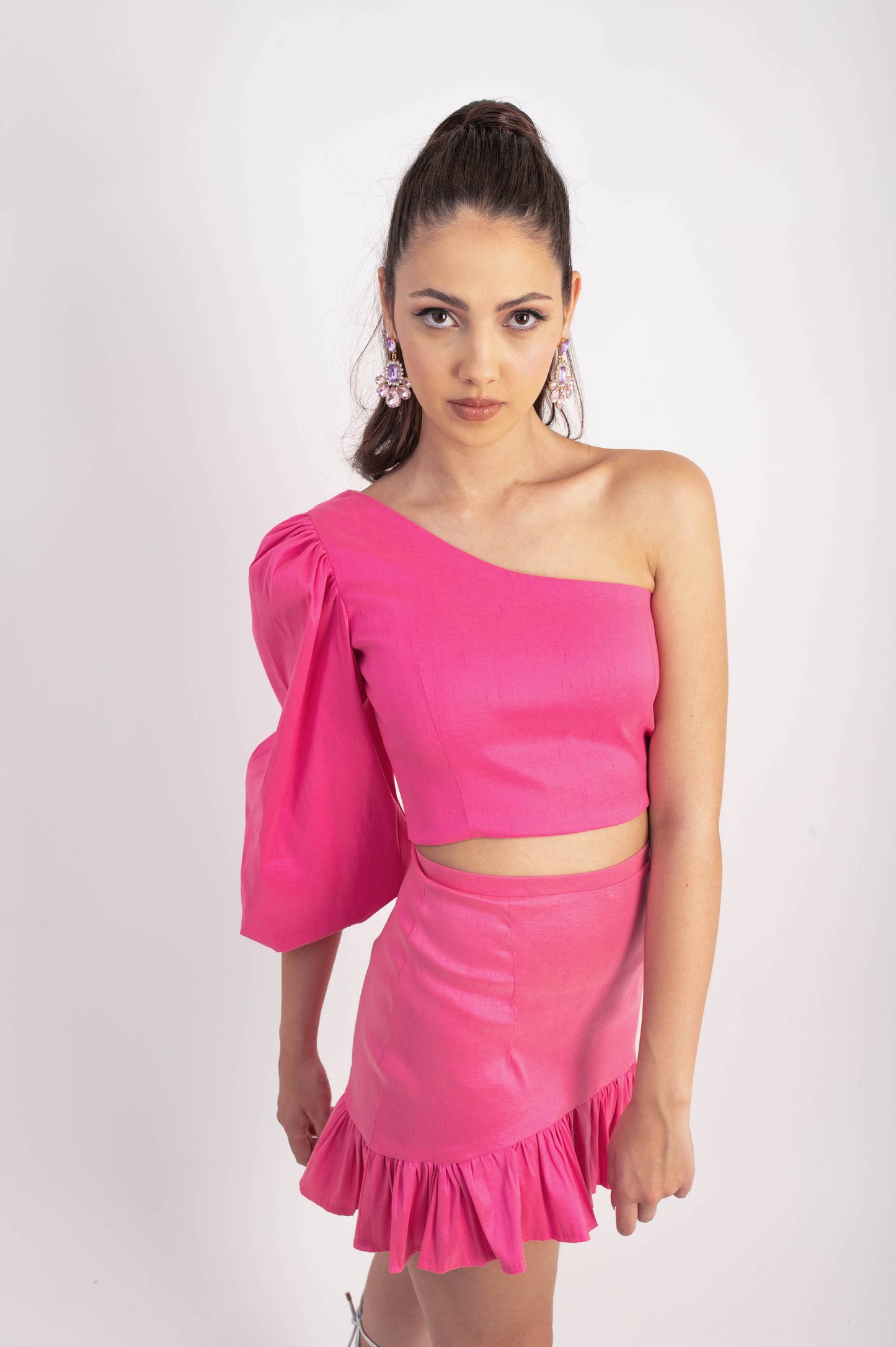 IRA by Irini Charalampous, @irathebrand online shop fashionable ready-to-wear womenswear brand taffeta set EVELYN colour hot pink high heels Cyprus Greece