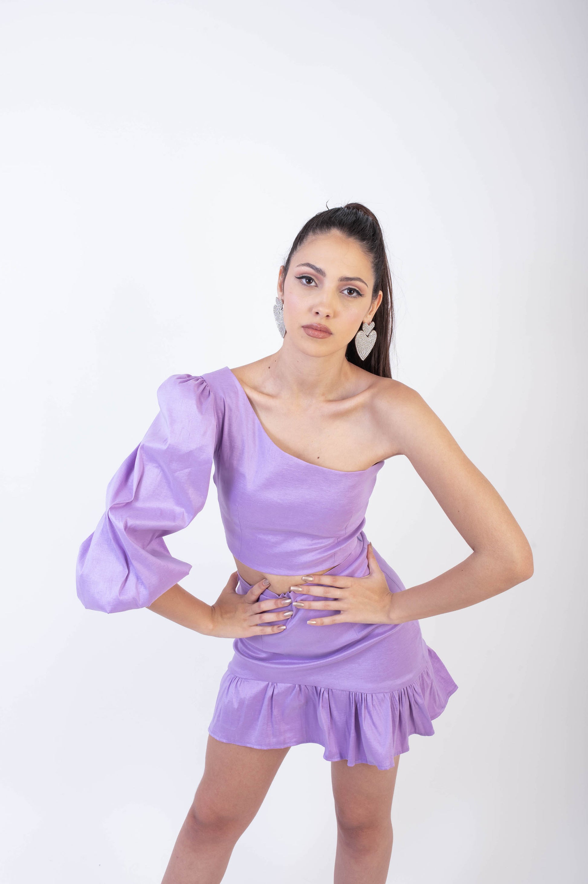 IRA by Irini Charalampous, @irathebrand online shop fashionable ready-to-wear womenswear brand taffeta set EVELYN colour lilac high heels Cyprus Greece