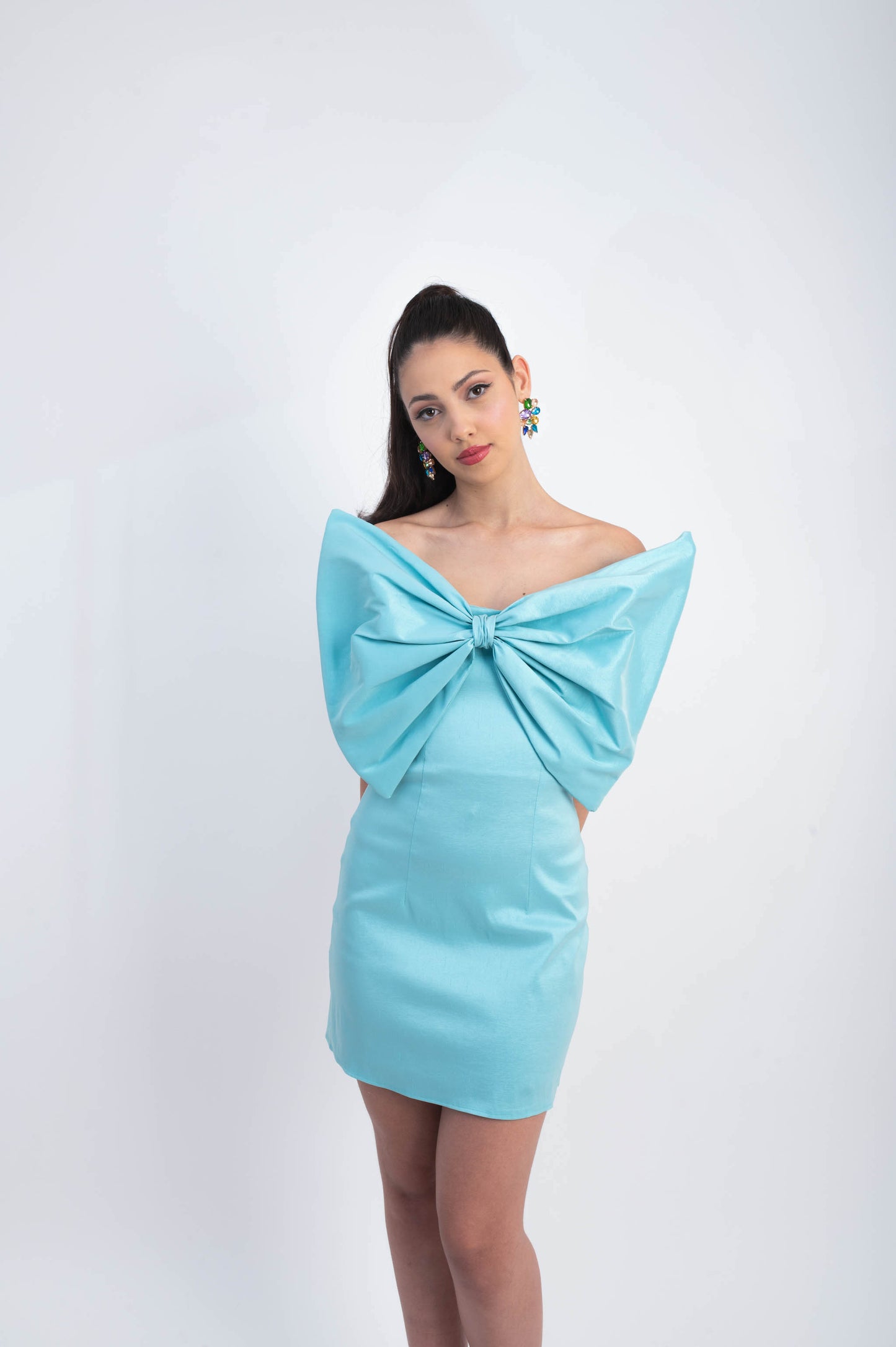 IRA by Irini Charalampous, @irathebrand online shop fashionable ready-to-wear womenswear brand taffeta dress FIONA colour blue high heels Cyprus Greece