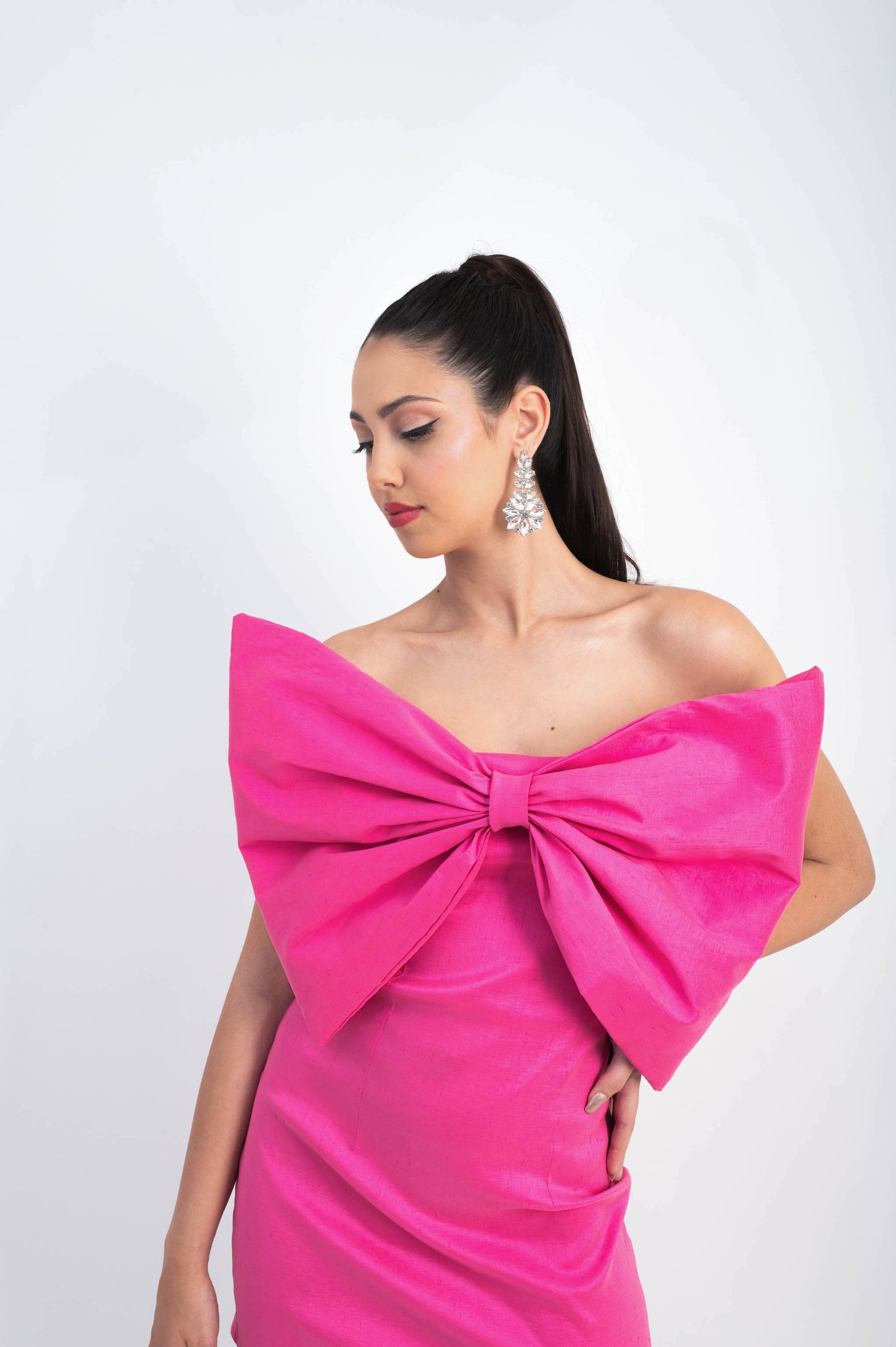 IRA by Irini Charalampous, @irathebrand online shop fashionable ready-to-wear womenswear brand taffeta dress FIONA colour hot pink high heels Cyprus Greece