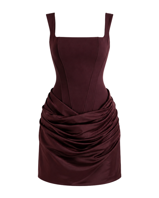 IRA by Irini Charalampous, @irathebrand online shop fashionable ready-to-wear womenswear brand LYRA draped mini dress with square neckline and adjustable back corset in bordeaux color. Shop online from Cyprus and Greece.