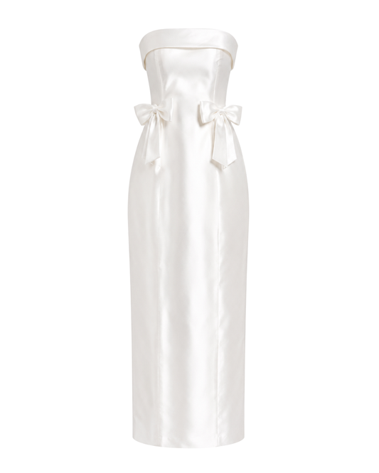 IRA by Irini Charalampous, @irathebrand online shop fashionable ready-to-wear womenswear brand CELIA strapless midi dress featuring bow appliqué detailing and tailored silhouette in white color. Shop online from Cyprus and Greece.