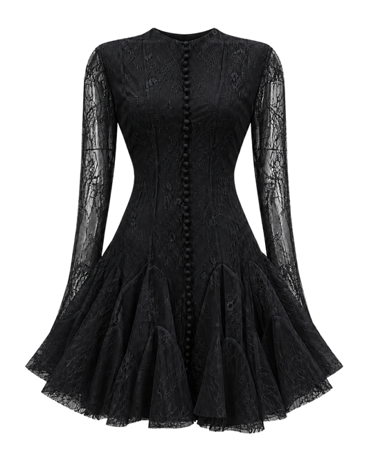 IRA by Irini Charalampous, @irathebrand online shop fashionable ready-to-wear womenswear brand LIVIA long sleeve lace mini dress with flared skirt and sheer sleeves in black color. Shop online from Cyprus and Greece.