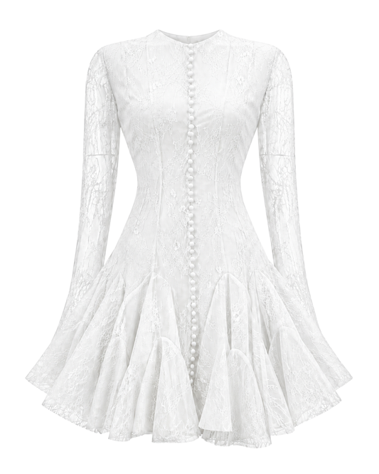 IRA by Irini Charalampous, @irathebrand online shop fashionable ready-to-wear womenswear brand LIVIA long sleeve lace mini dress with flared skirt and sheer sleeves in ivory color. Shop online from Cyprus and Greece.