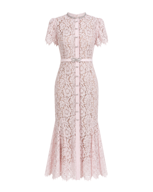 IRA by Irini Charalampous, @irathebrand online shop fashionable ready-to-wear womenswear brand CELINE lace midi dress with short sleeves and fitted waist in soft pink color. Shop online from Cyprus and Greece.