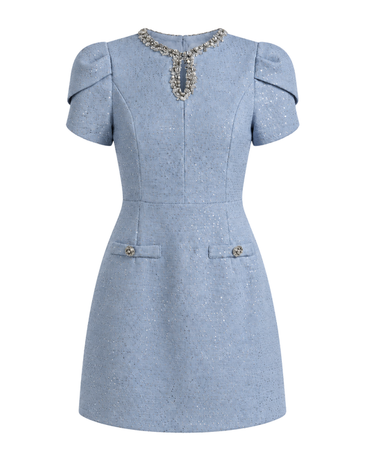 IRA by Irini Charalampous, @irathebrand online shop fashionable ready-to-wear womenswear brand DAHLIA A-line mini dress with puff sleeves and decorative buttons in soft blue color. Shop online from Cyprus and Greece.