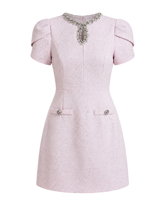 IRA by Irini Charalampous, @irathebrand online shop fashionable ready-to-wear womenswear brand DAHLIA A-line mini dress with puff sleeves and decorative buttons in soft pink color. Shop online from Cyprus and Greece.