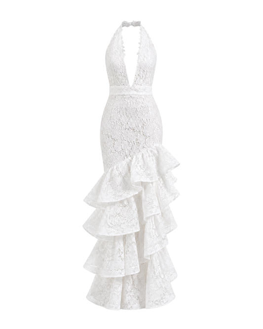 IRA by Irini Charalampous, @irathebrand online shop fashionable ready-to-wear womenswear brand ALTHEA sleeveless halter ruffle gown with fitted bodice and tiered cascading layered skirt in white color. Shop online from Cyprus and Greece.
