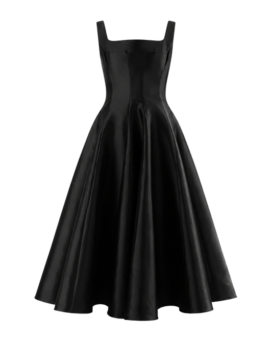 IRA by Irini Charalampous, @irathebrand online shop fashionable ready-to-wear womenswear brand NINA sleeveless midi dress with square neckline featuring a sculpted bodice and circle full skirt in black color. Shop online from Cyprus and Greece.