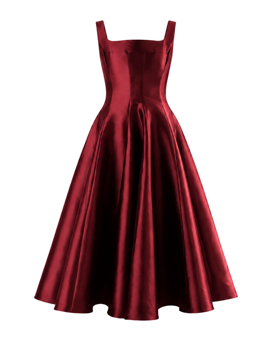 IRA by Irini Charalampous, @irathebrand online shop fashionable ready-to-wear womenswear brand NINA sleeveless midi dress with square neckline featuring a sculpted bodice and circle full skirt in burgundy color. Shop online from Cyprus and Greece.