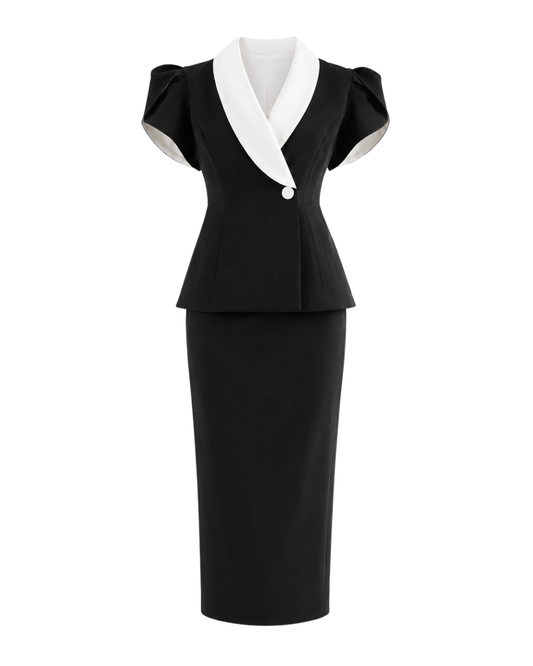 IRA by Irini Charalampous, @irathebrand online shop fashionable ready-to-wear womenswear brand ALESIA tailored set featuring an oversized contrast collar with short sleeves and clean column skirt in black and white color. Shop online from Cyprus and Greece.