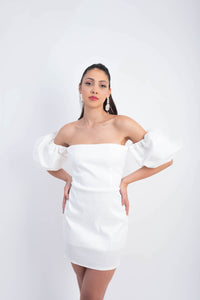 IRA by Irini Charalampous, @irathebrand online shop fashionable ready-to-wear womenswear brand taffeta dress HELENA BRIDE colour white high heels Cyprus Greece